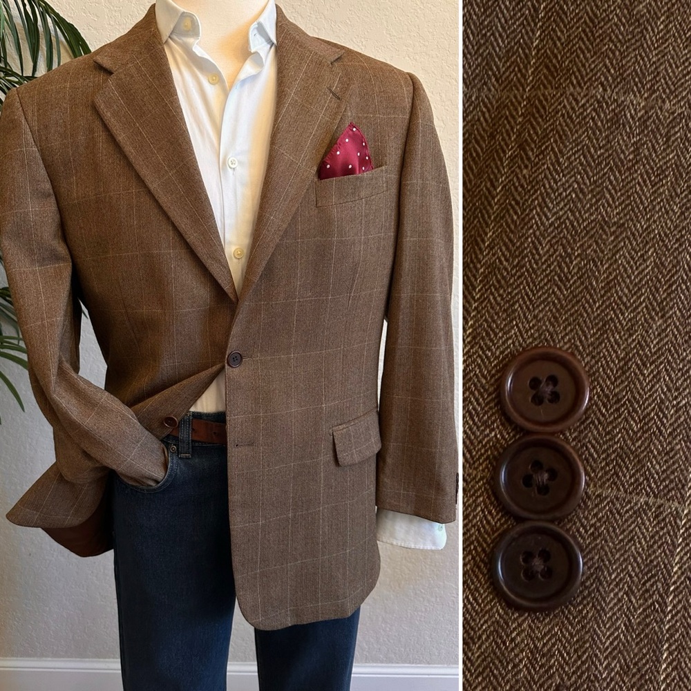 MINO LOMBARDI BLAZER SPORT COAT SIZE 42 BROWN WINDOWPANE SUIT JACKET ITALY